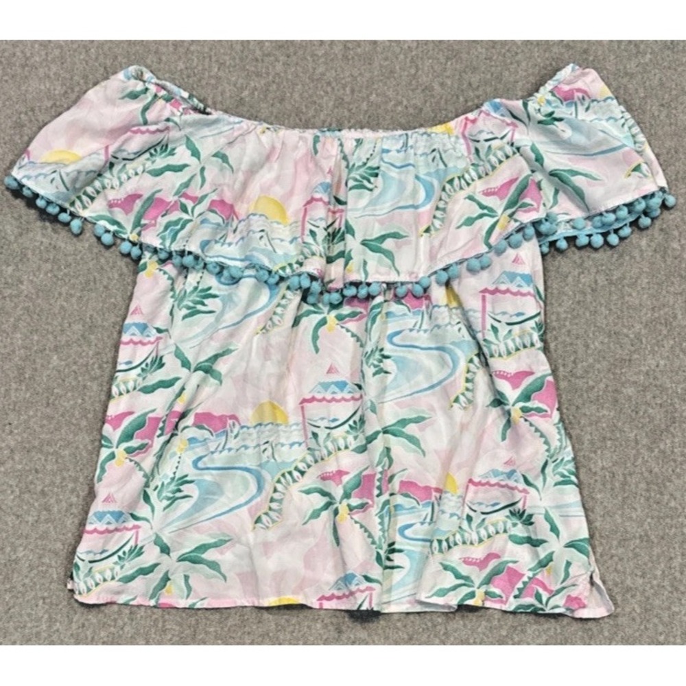 Crown & Ivy Women's XL Floral Off Shoulder Blouse Blue Rayon